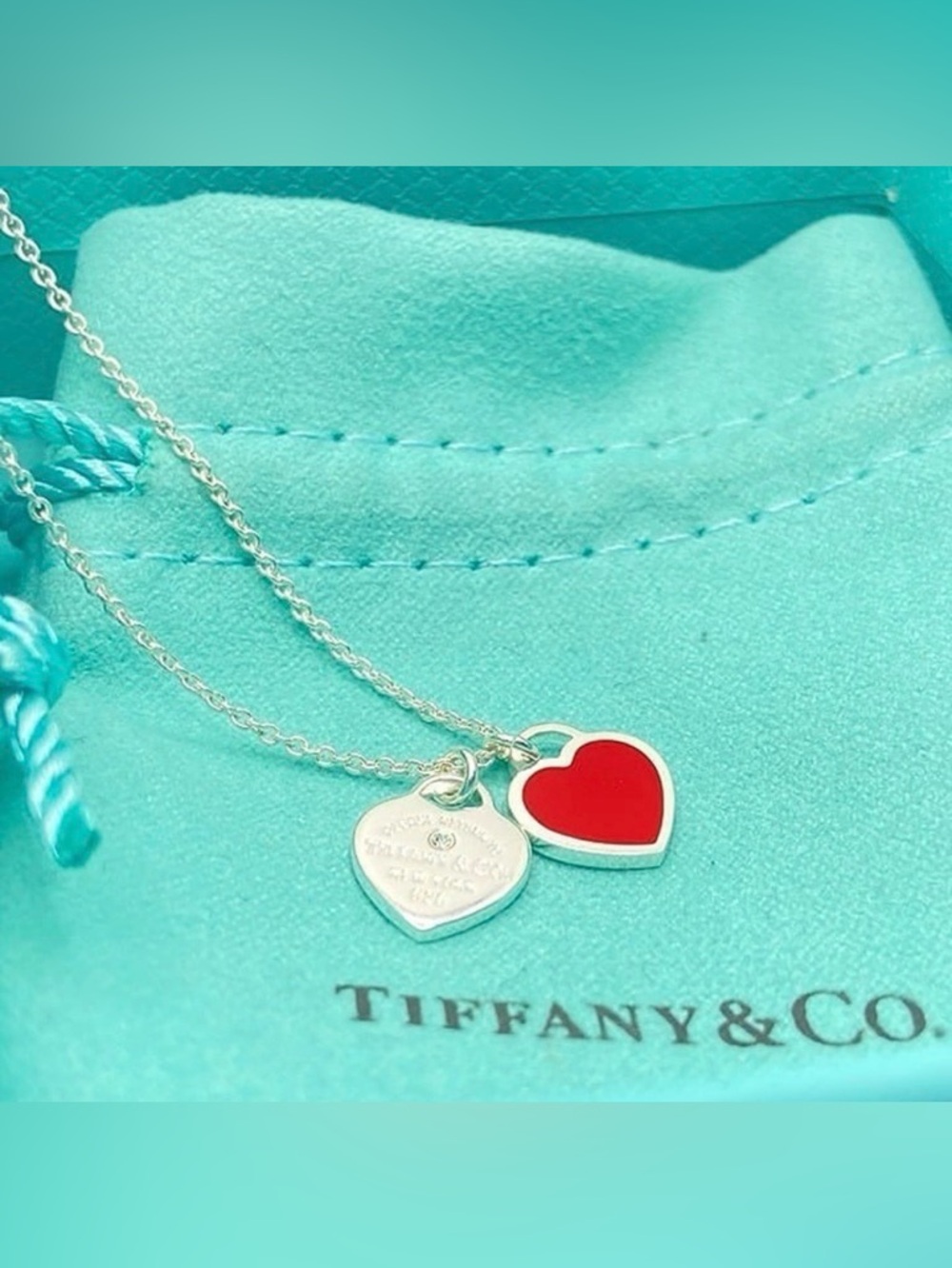 Tiffany & Co. Silver Double Heart Necklace with Red Enamel Heart